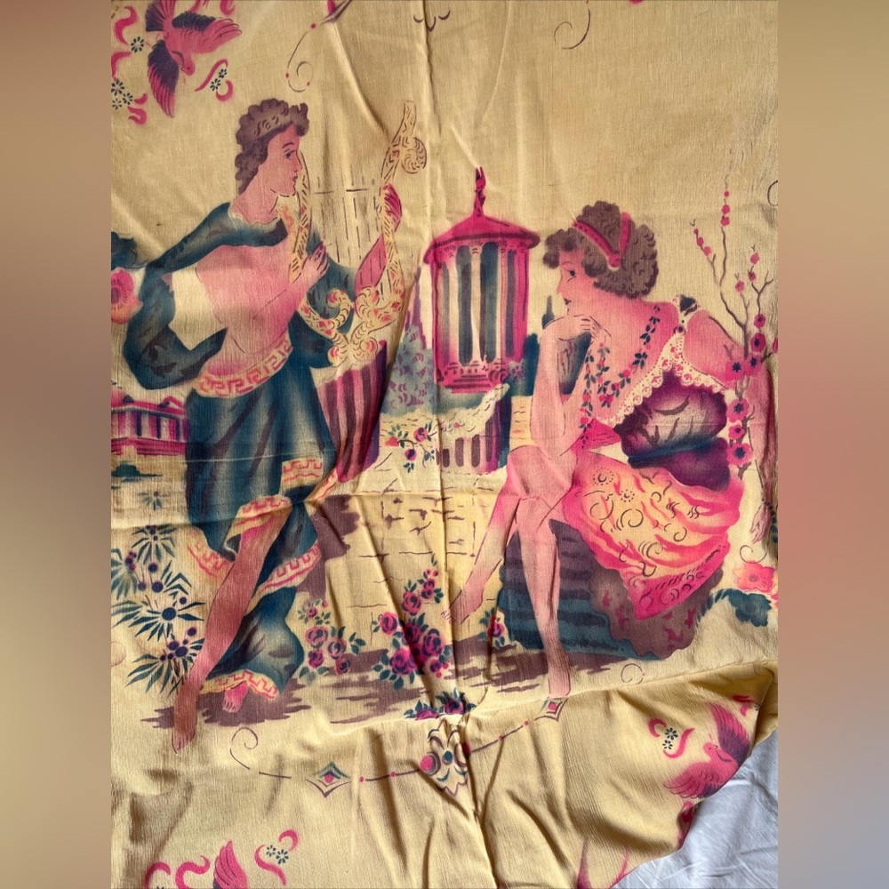 Vintage Romantic Fringed Coverlet Pictorial Printed Cherubs Roses Birds Lovers